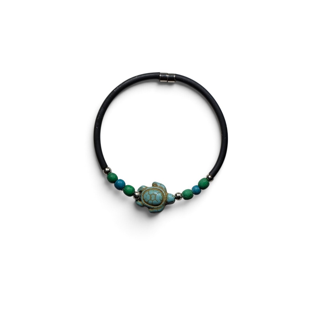 Boho Sea Turtle Bracelet Black Cord Turquoise Green Blue Beads Magnetic Clasp